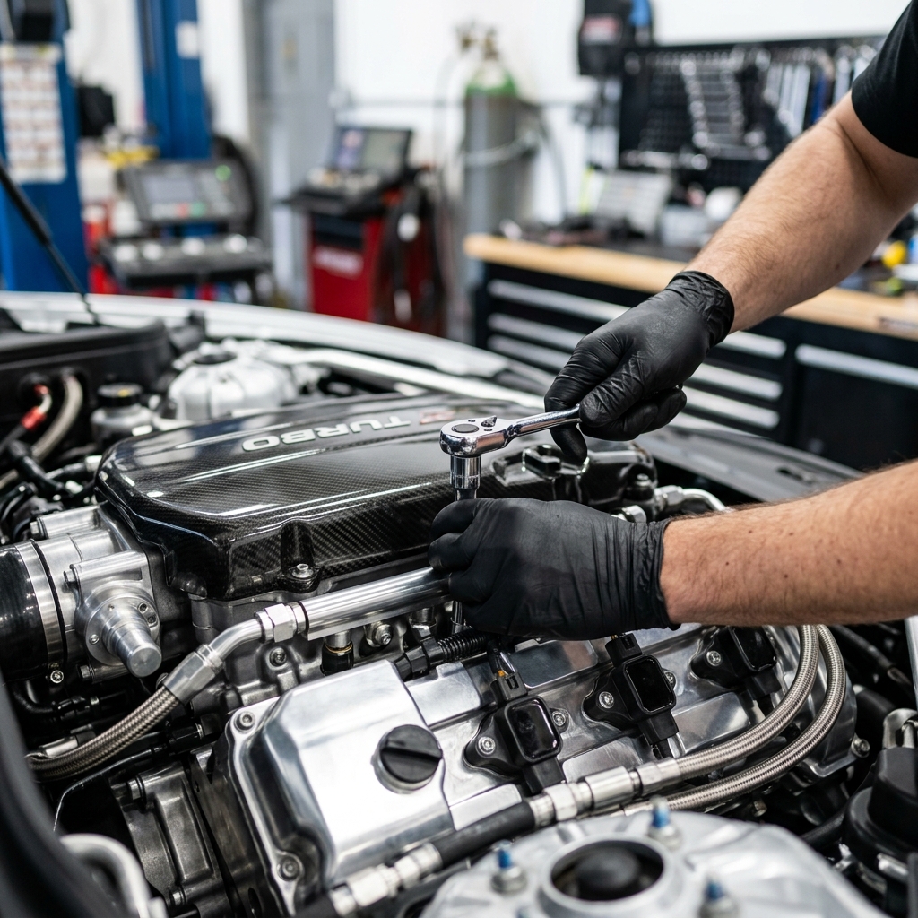 Mechanic working on car engine
